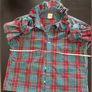 One of a kind Upcycled dress shirt with ruffle collar